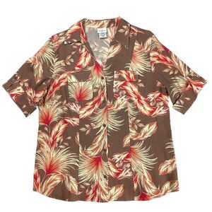 Linen Blend Button Top Blouse Shirt Short Sleeve Women's XLBrown Orange Floral